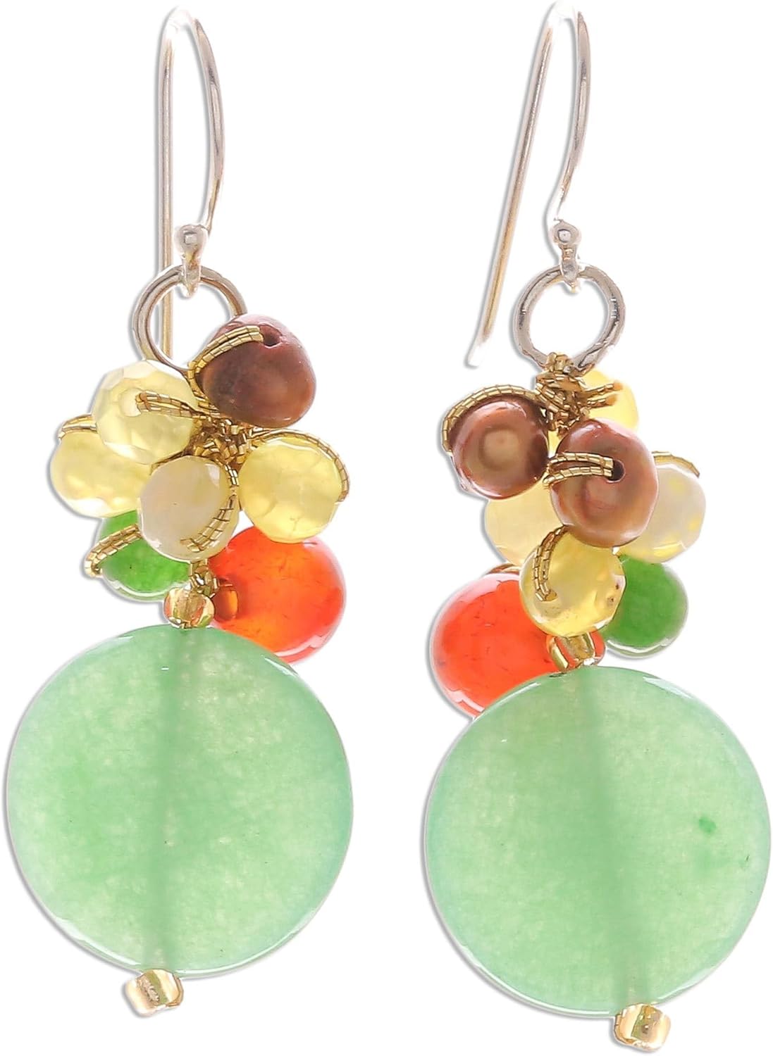 NOVICA Artisan Handmade Pearl Carnelian Cluster Earrings Quartz Dangle Sterling Silver Glass Bead Yellow Beaded Thailand Birthstone [1.8 in L x 0.6 in W] ' Thai Joy'