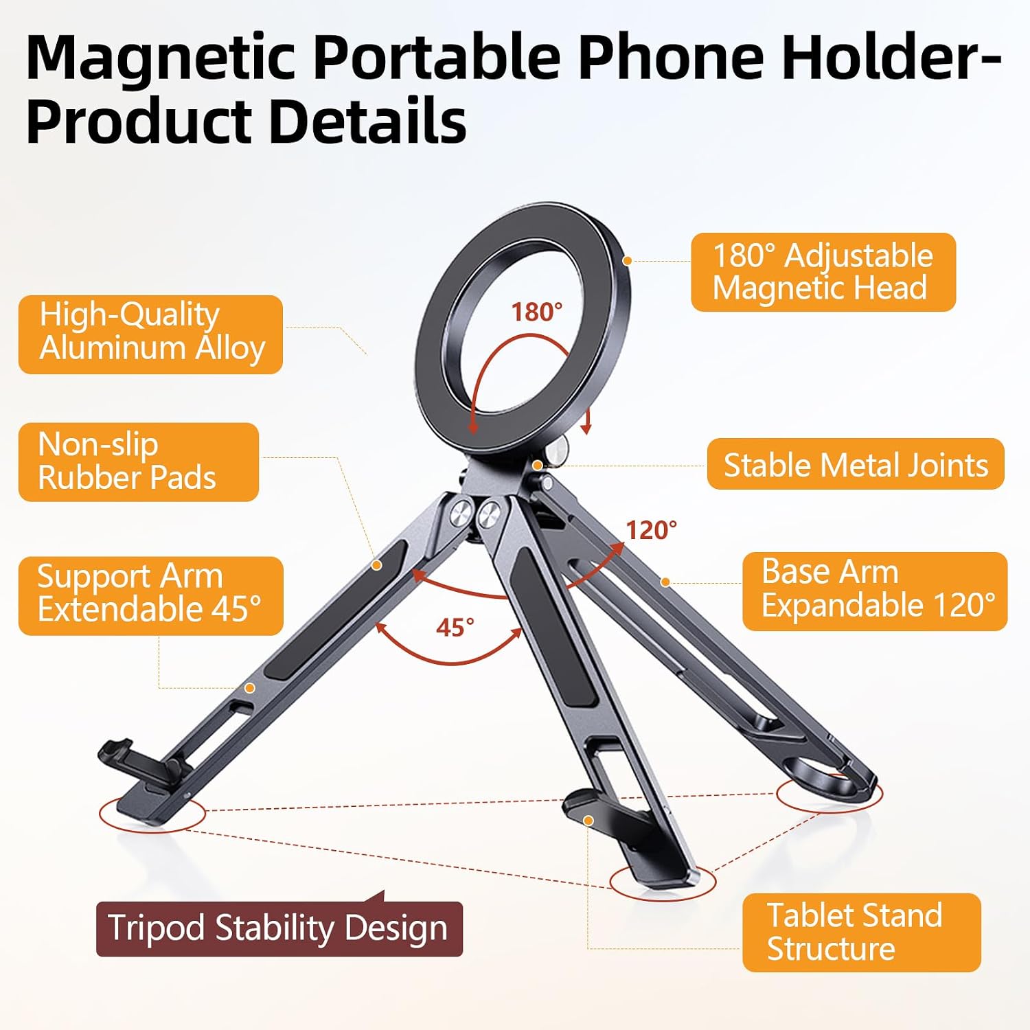 Magnetic Phone Tripod Stand for iPhone iPad, Aluminium Portable Phone Tablet Holder with Carabiner Smartphone Mini Tripod Stand Strong Magnet Compatible with iPhone 17 16 15 14 13 12 iPad Series