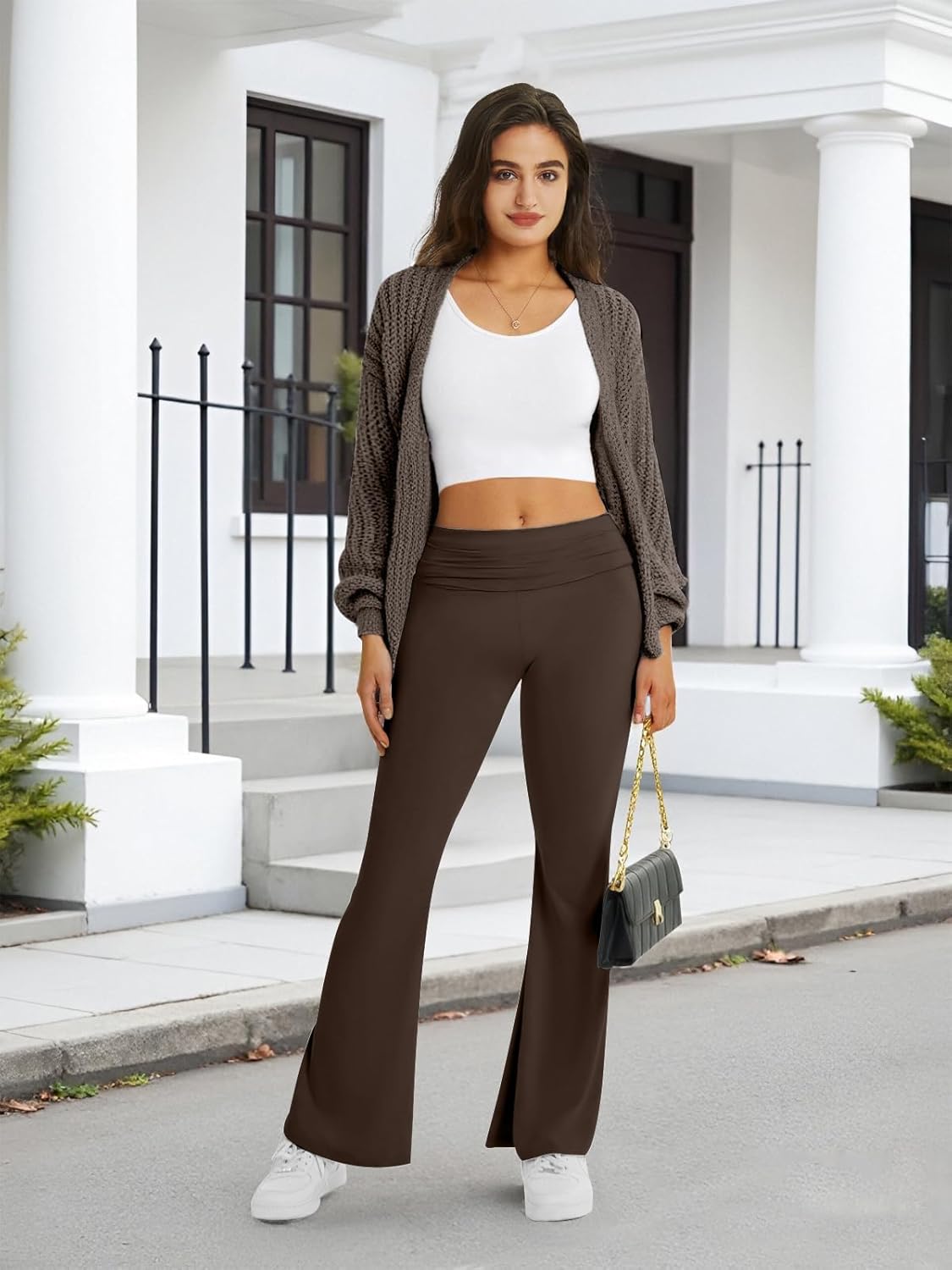 Flare Leggings for Women Fold Over Yoga Pants Stretch Bell Bottom Y2K Lounge Casual Sweatpants - Image 3