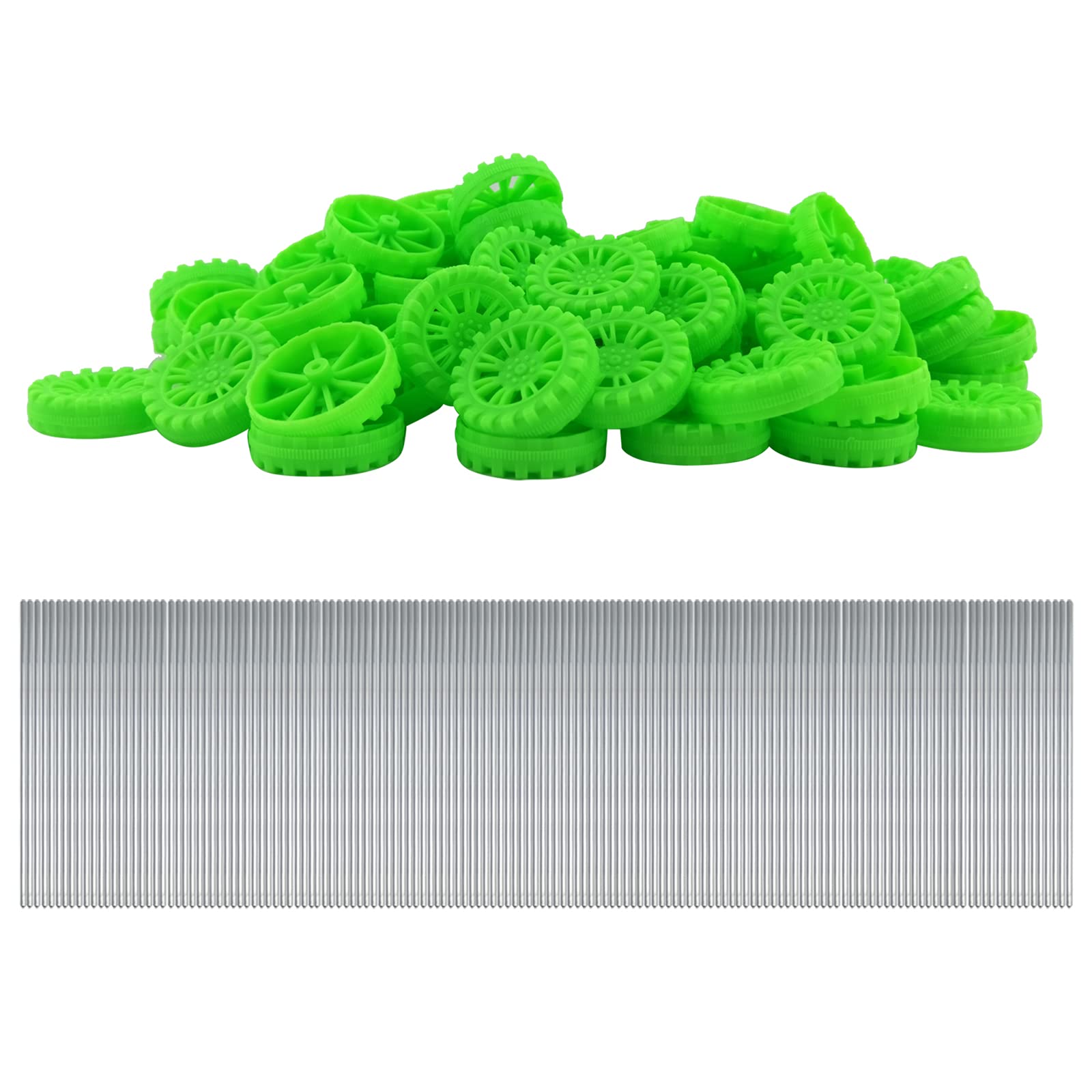 EUDAX300 PCS 30mmx8mm Plastic Roll 2mm Dia Shaft Toys Wheel and 2mmx100mm STEM Shaft Round Rod Axles for DIY Toy RC Car Truck Boat Helicopter Model Part Building Projects (Green)