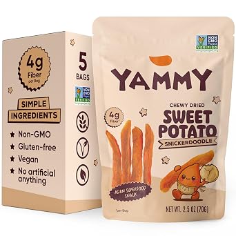Yammy Chewy Dried Sweet Potato Sticks Snickerdoodle 5-Pack - Healthy Asian Snack for Adults & Kids Japanese, Korean, Chinese Super Food - Natures Gummy Candy - Vegan, Gluten-Free, 4g Fiber, 2.5oz