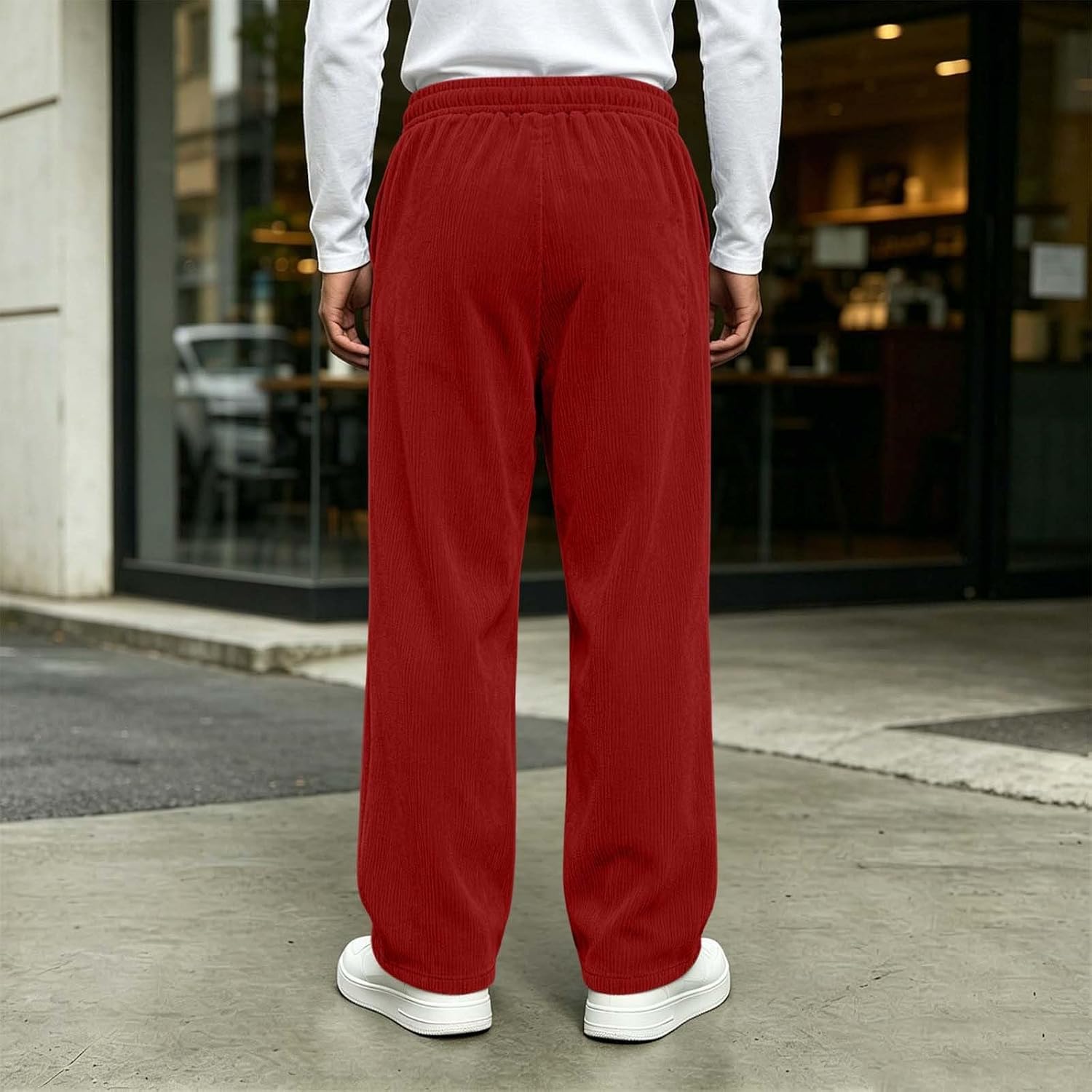 Corduroy Straight Leg Pants for Men Ribbed Elastic Waist Drawstring | Classic Ribbed Corduroy Texture in Clean Straight Cut, Elastic Drawstring for Easy Fit,Classic Fall-to-Winter Casual Staple