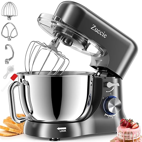 Küchenmaschine, Zuccie Knetmaschine Leise Rührmaschine inkl 5L Edelstahlschüssel 3-Rührwerkzeuge Spritzschutz Teigschaber und Eiertrenner, 8+P Geschwindigkeit Teigmaschine