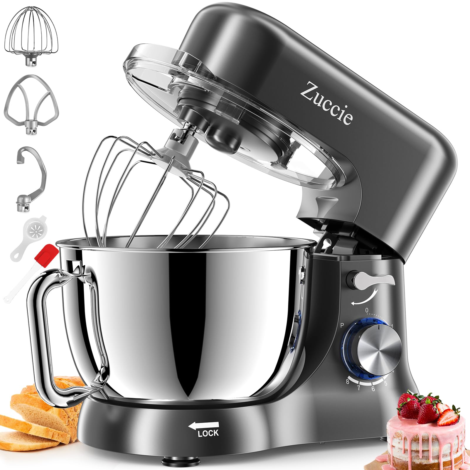 Küchenmaschine, Zuccie Knetmaschine Leise Rührmaschine inkl 5L Edelstahlschüssel 3-Rührwerkzeuge Spritzschutz Teigschaber und Eiertrenner, 8+P Geschwindigkeit Teigmaschine