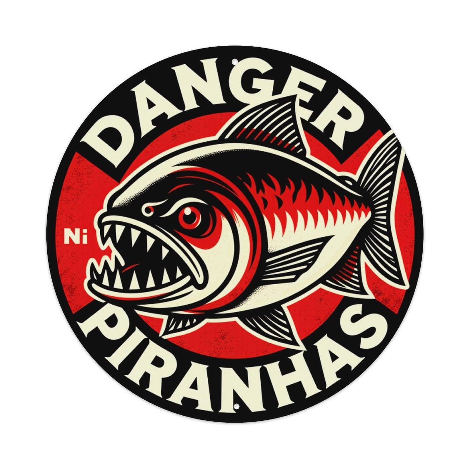 Danger Piranhas Fish Warning Sign Vintage Round Tin Sign Retro Metal Wall Decor Metal Poster, Home Bar Garage Farmhouse Cafe Wall Art Decoration 8x8Inches