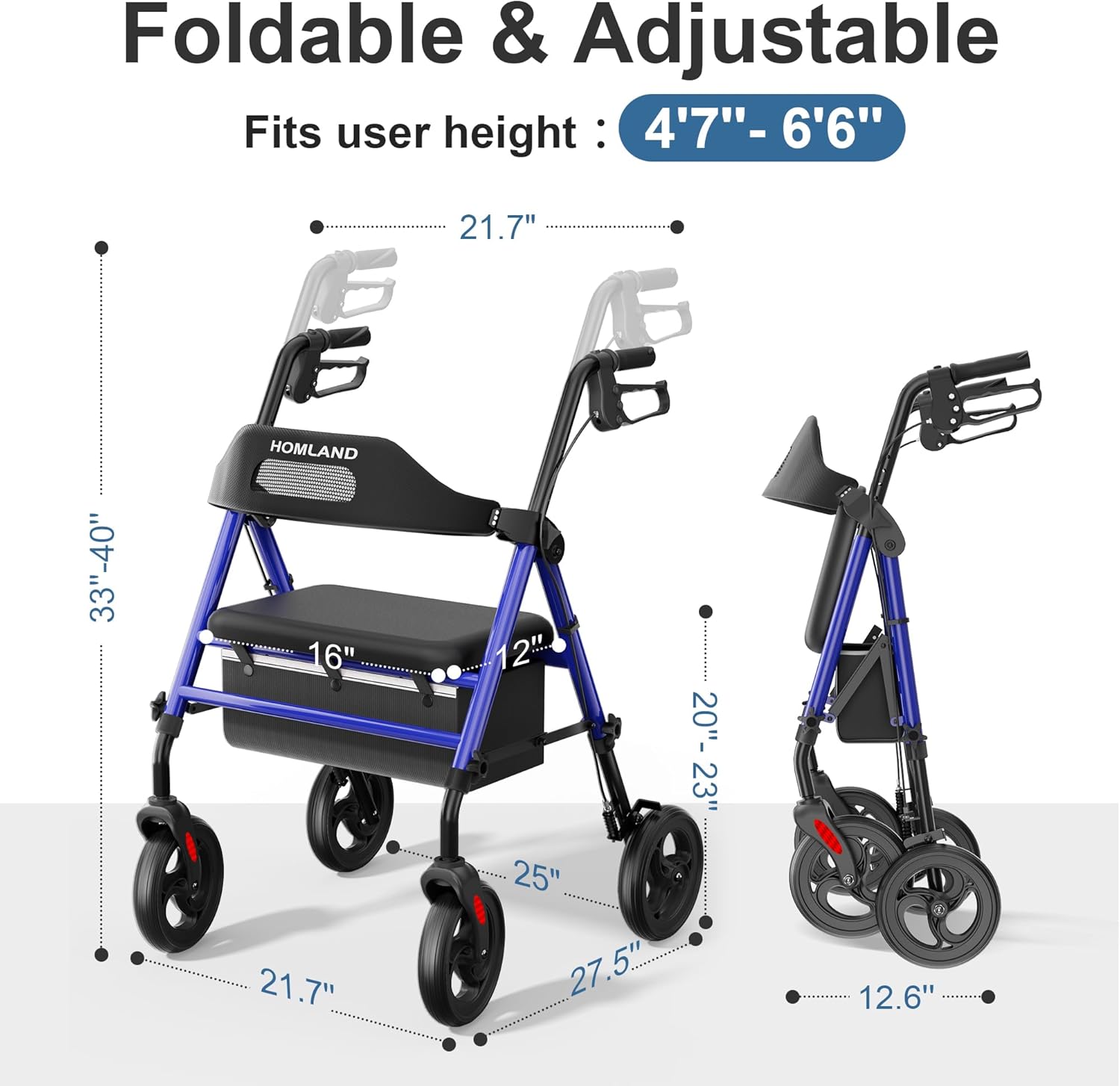 HOMLAND Foldable Rollator Walker with Seat for Seniors, 16 Enlarged Seat | 8 Big Wheels, 16×12x1.9 Thick Padded Seat, Adjustable Seat & Handle Height, Tool-Free Assembly, All Terrain Mobility Aid
