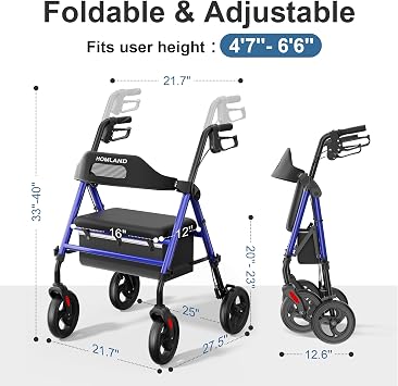 HOMLAND Folding Rollator Walker with Seat, Portable Walkers for Car Trunks | 159kg Stable Support, Dual Bar Reinforced Frame with Storage Bag, Enlarged Seat, 20 cm All-Terrain Wheels, Height Adjustable