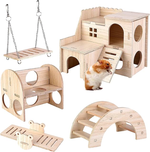 Runup 5 Pieces Hamster Wooden Toys, Wooden Hamster House, DIY Hamster Paradise Including Multi-chamber House, Swing Bridge, Swing, Hamster Hideout, Hamster, Chipmunk, Chinchilla Toy Accessories
