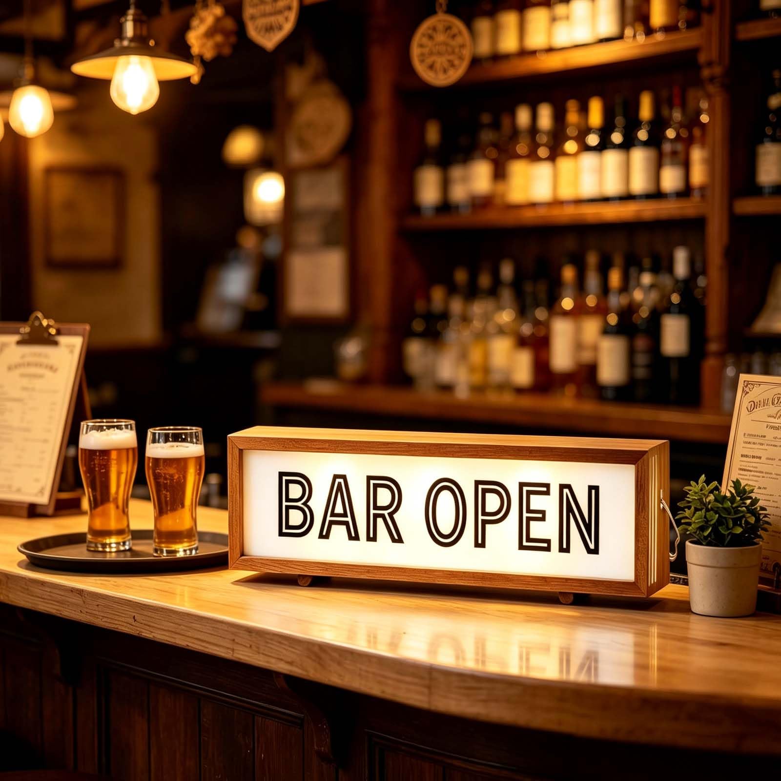 wpdash Wood Frame BAR Open LED Light Box Light Up Open Sign with Remote Control USB Powered Vintage Bar Lighted Sign Wall Mounted & Tabletop Decor for Pub Club Coffee Shop Business Store — image 1
