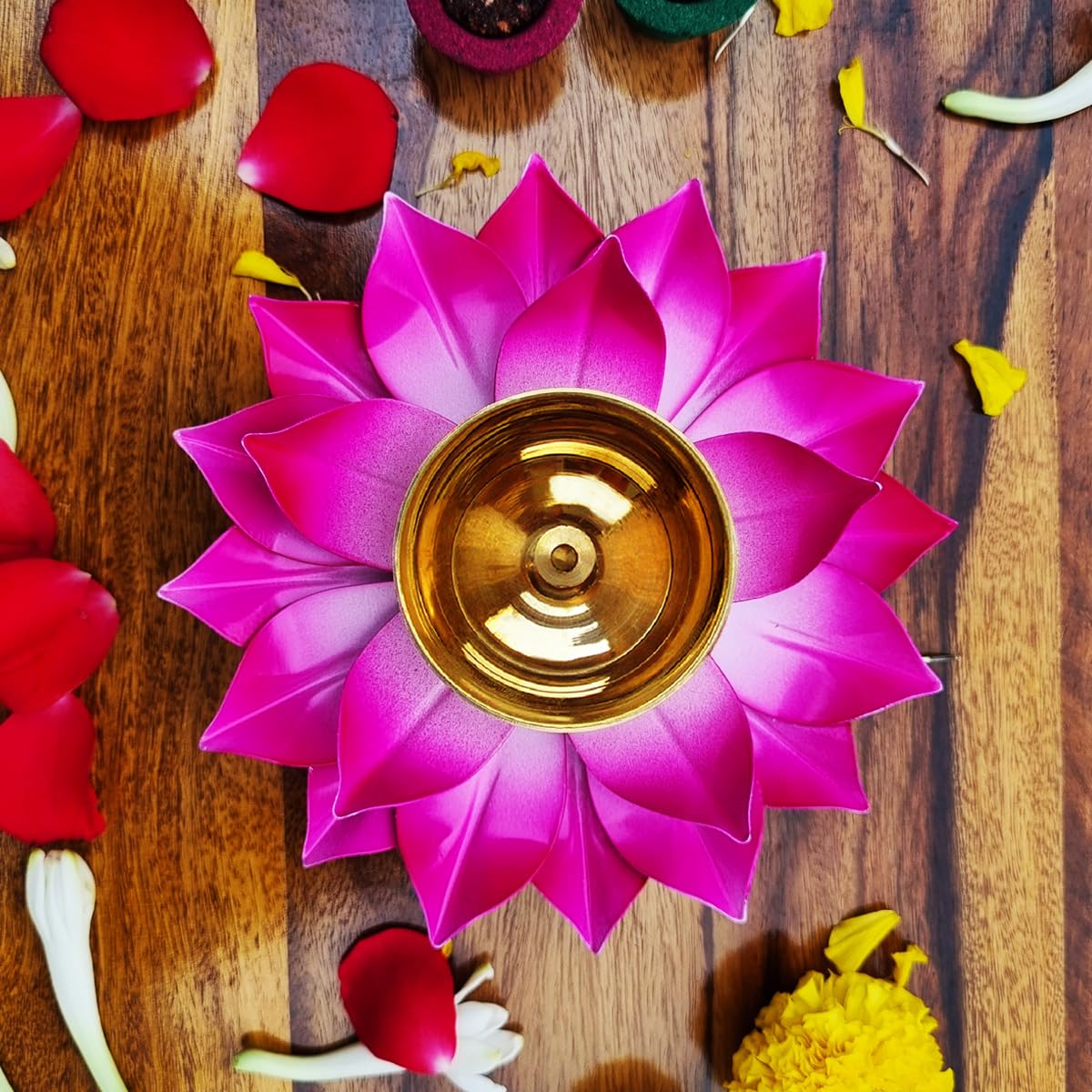 DEWA Lotus Design Brass Diya | Lotus Shaped Brass Deepak | 6 inches (Pink, Set of 1)-image-6