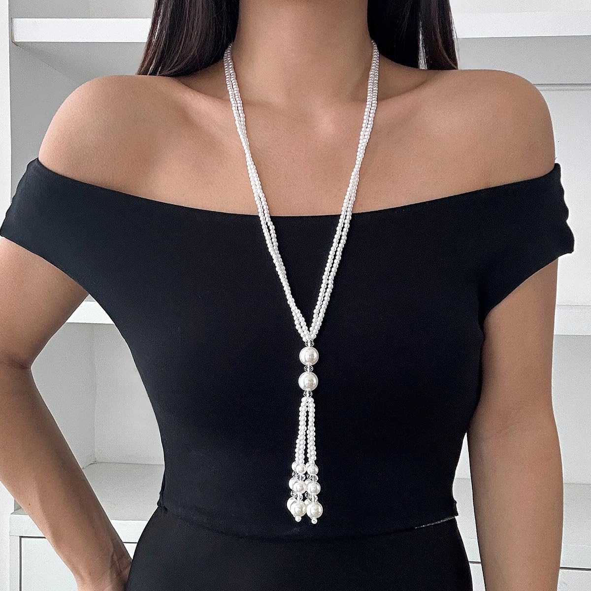 Octwine 2 Tier 1920s Long layered Pearl Tassel Necklaces for Women Long Pearl Necklace Dainty Multiple Strands Pearl Necklace Statement Sweater Strand Chain for Women