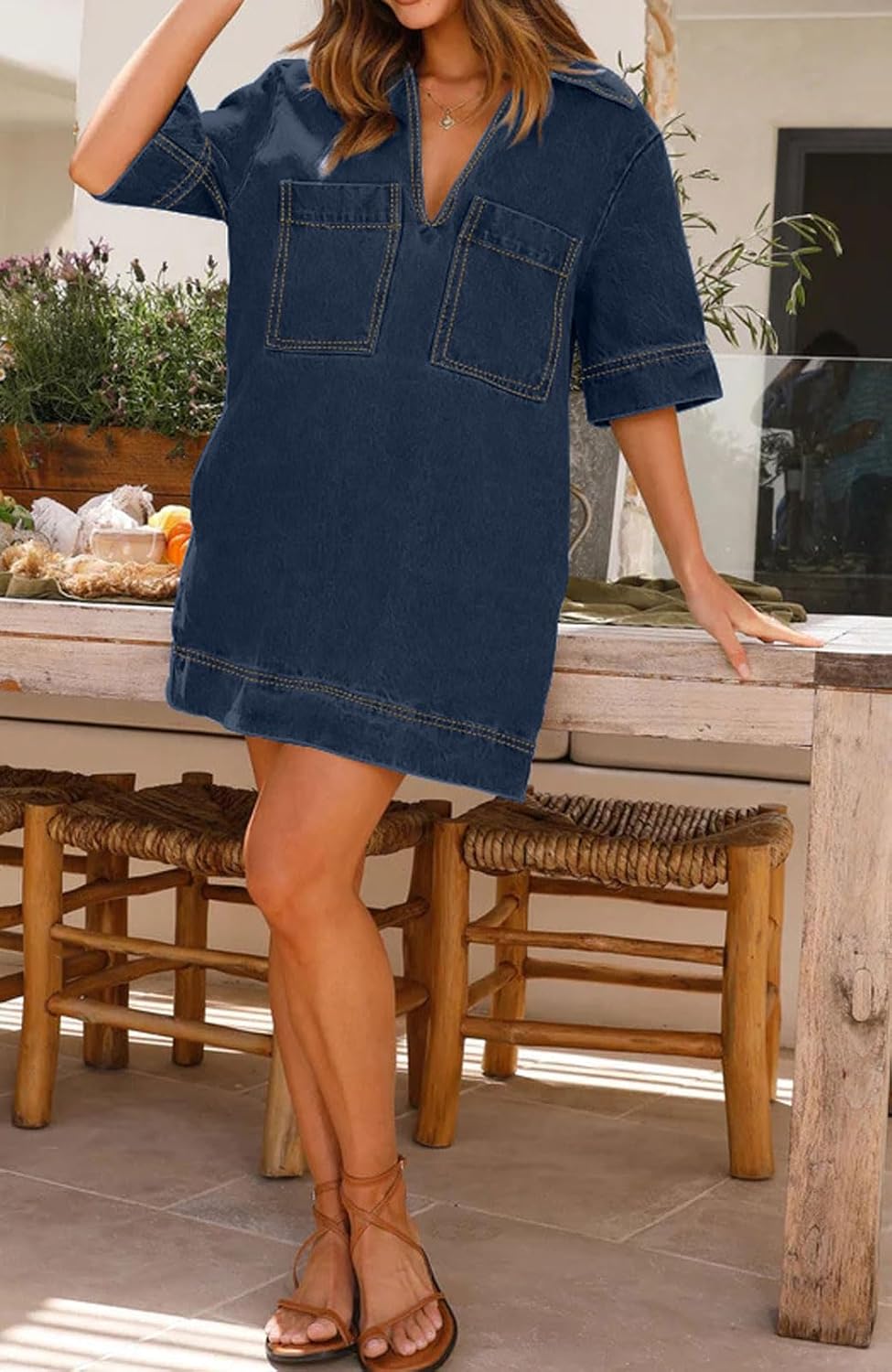 CHARTOU Women Loose Denim Dress Short Sleeve Casual Summer Dress Turn Down Pullover Vintage Tunic Jean Dress - Image 3