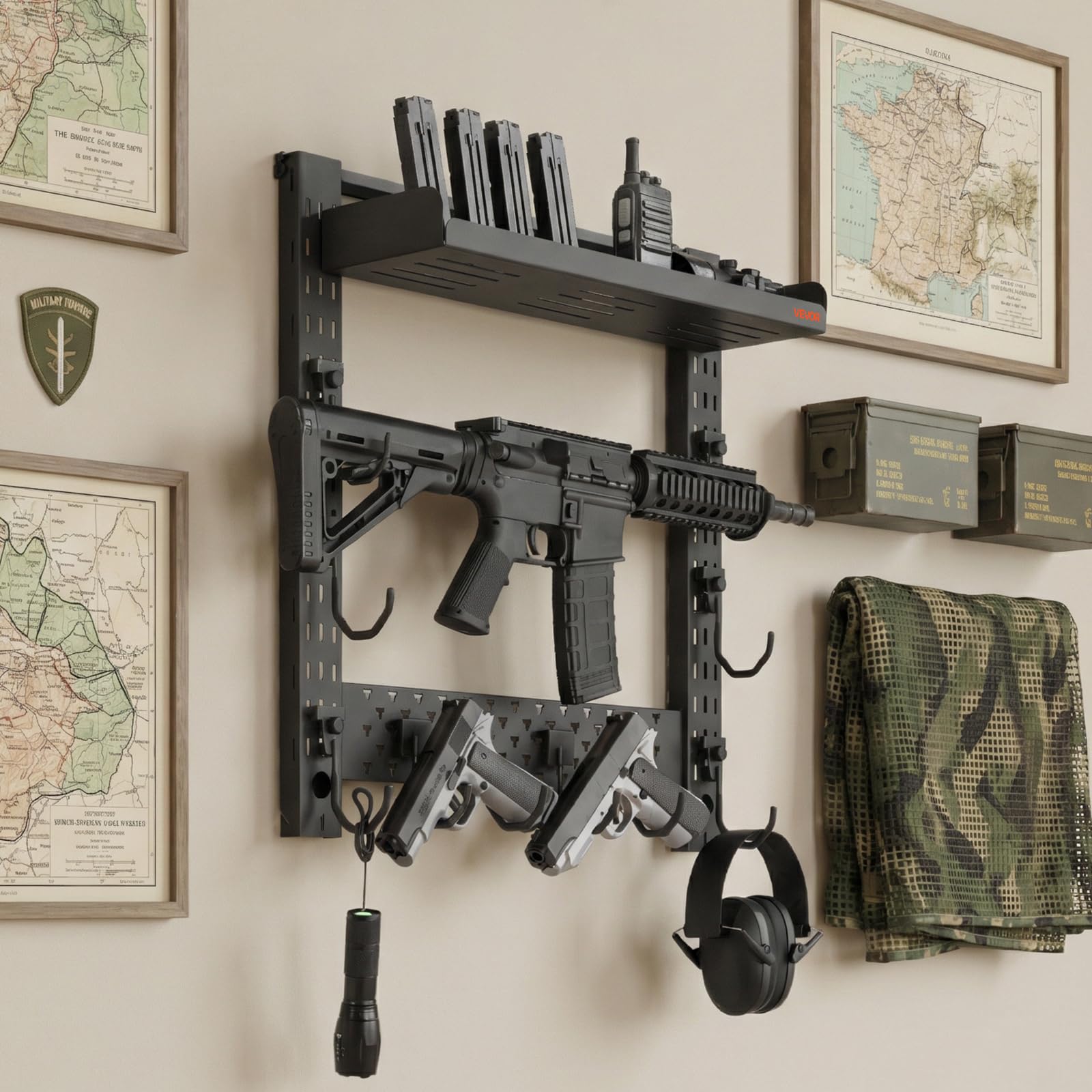 VEVOR Supporto Porta Fucili da Parete in Acciaio Rastrelliera da Muro per Armi con Ganci Porta Fucili da Caccia Pistole in Casa Ufficio da Parete Orizzontale Telaio in Acciaio al Carbonio Capienza 3
