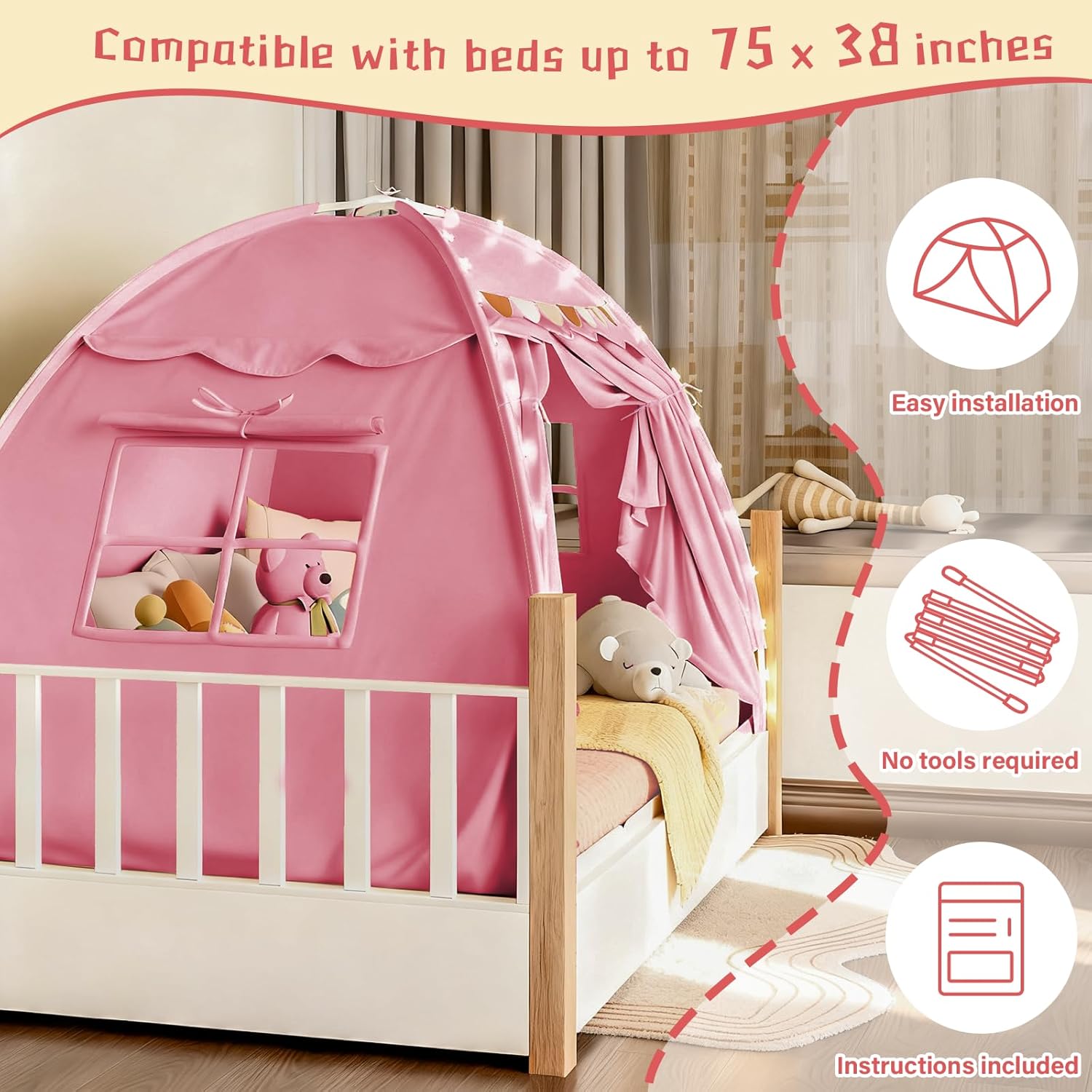 Dayacoco Large Toddler Bed Tent, Twin Kids Tent Indoor, Bed Canopy for Kids with Flags & Star Lights, Portable & Foldable Teepee Playhouse Outdoor, 78.7x39.4x47.2in, Pink