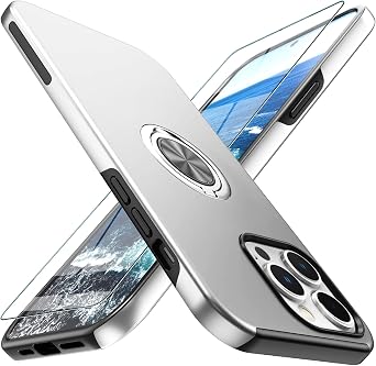 Case for iPhone 14 Pro Max,Cover for iPhone 14 Pro Max with Tempered Glass Screen Protector,Hybrid 2 in 1 Protective Slim Fit Sturdy Case with Invisible Magnetic Ring Kickstand,Silver