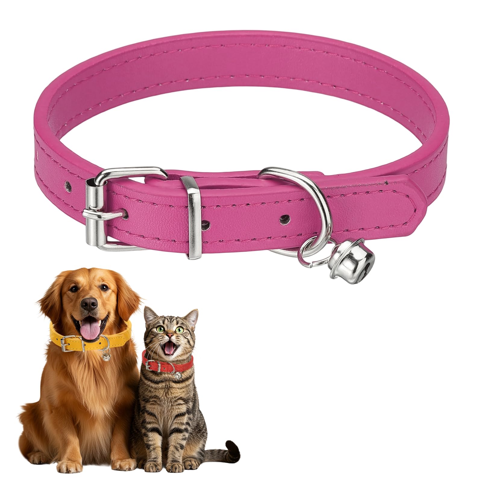 sourcing map Dog Collar with Bell, Pu Leather Cat Collars Pet Basic Soft Padded Adjustable Buckle, 14.5" (Hot Pink, 1 Pcs), Intended for Teacup/Little Dog/Kitten Cats/Small Animals