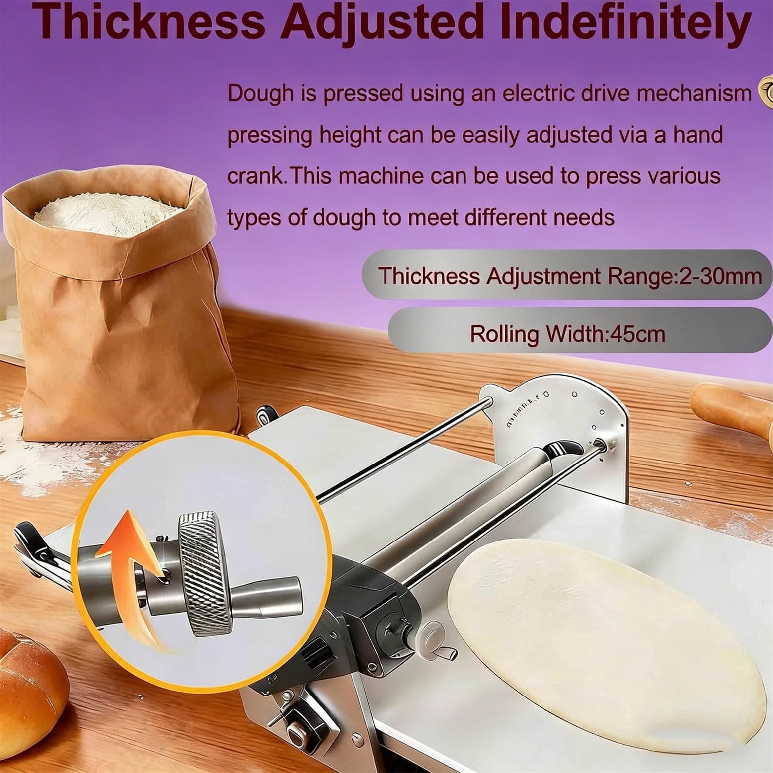 Sfogliatrice elettrica Professionale per Pasta sfoglia, Macchina per impastare con Spessore di precisione da 2 a 30 mm, Nastro trasportatore Largo 17 Pollici per crostate e pasticcini danesi.