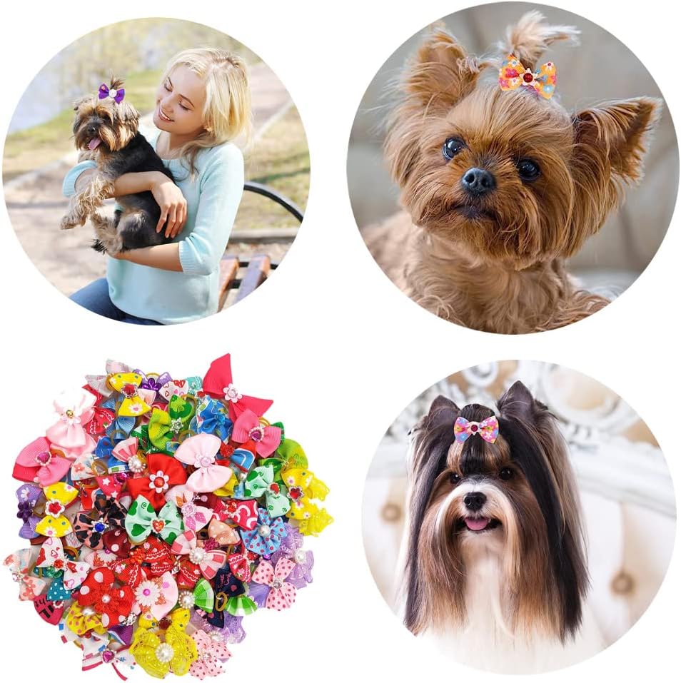 50 Pieces Dog Hair Bows, Bows for Small Dogs with Bands, Dog Hair Bows Accessories for Cats and Puppies, Random Motif 7