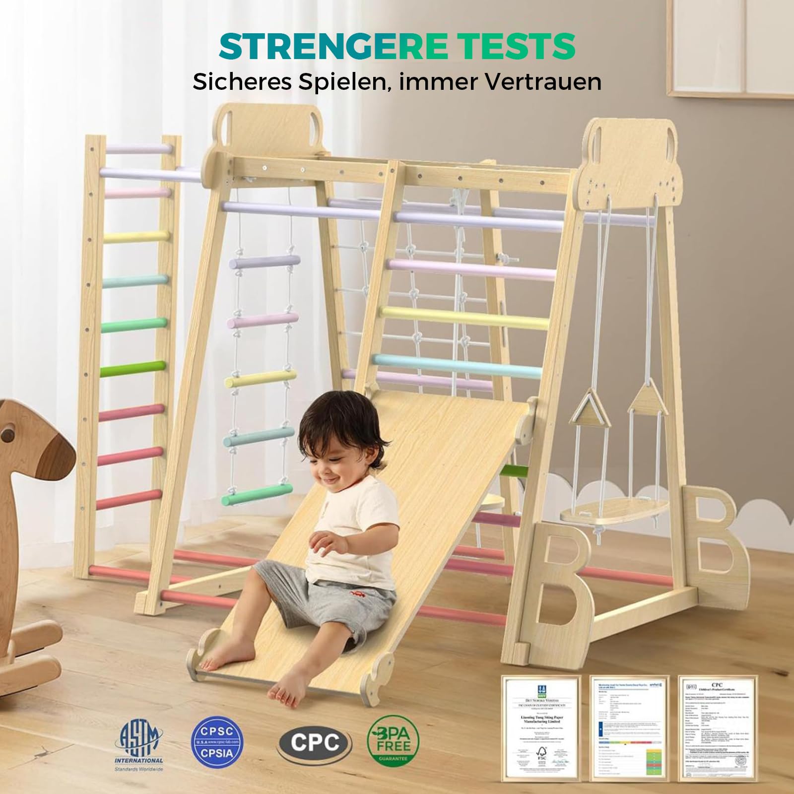 Maxi Klettergerüst Indoor, 10 in 1 Multifunktional Klettergerüst ab 1 Jahr, Montessori Spielplatz aus Holz mit Rutsche, Schaukel, Kletternetz, Kletterwand, Robust und sicher Kletterausrüstung