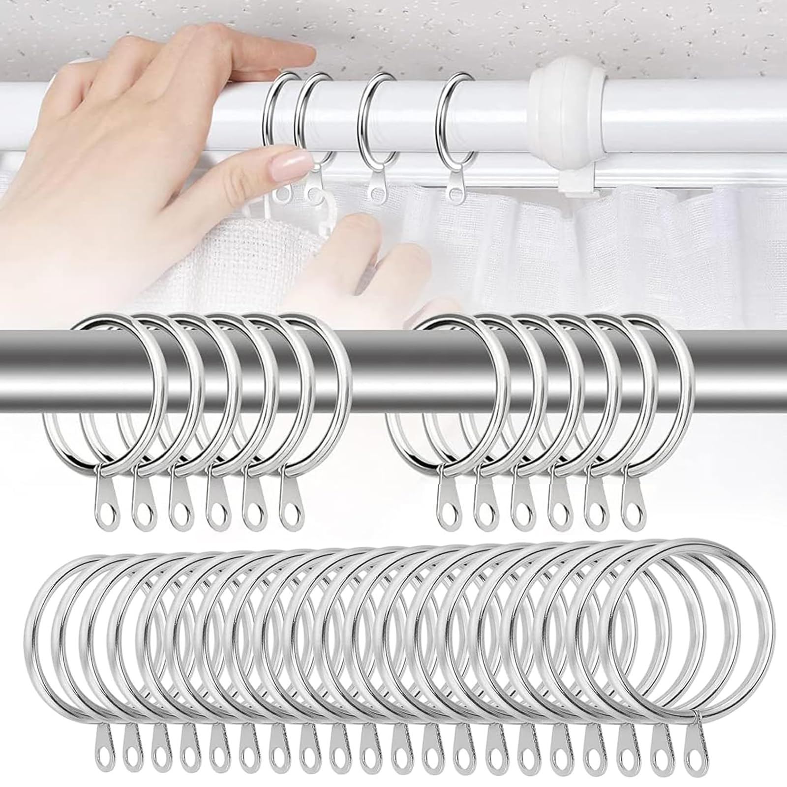 Kiqawee White 25 Pack ​​Metal Curtain Rings​​, 3.0Mm Wire & 25Mm Inner Diameter ​​Curtain Pole Rings​​, ​​Silver Drapery Hooks​​ With Attachments, Premium ​​Hanging Hardware​​ For Window Poles & Shower Drapery Rods