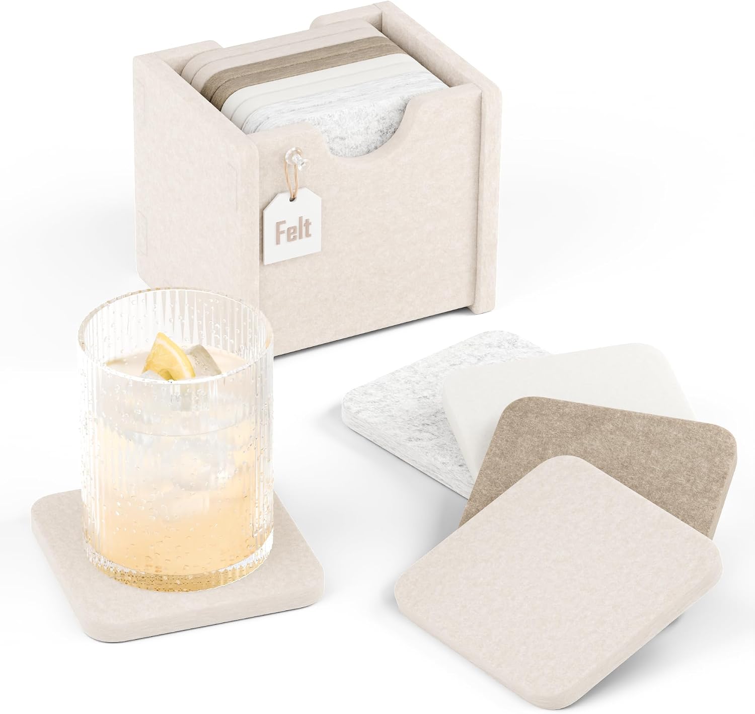 Fluxynara Felt Coasters with Holder, Set of 8 for Drinks, Stone Beige