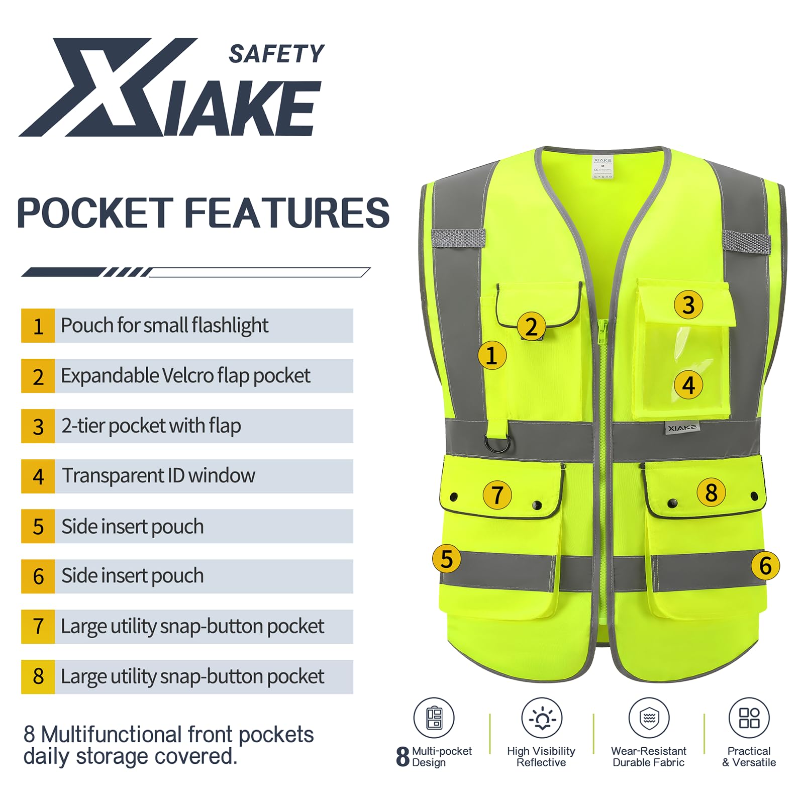 XIAKE Gilet antinfortunistici RV120528 Gilet riflettente di sicurezza ad alta visibilità con 8 tasche