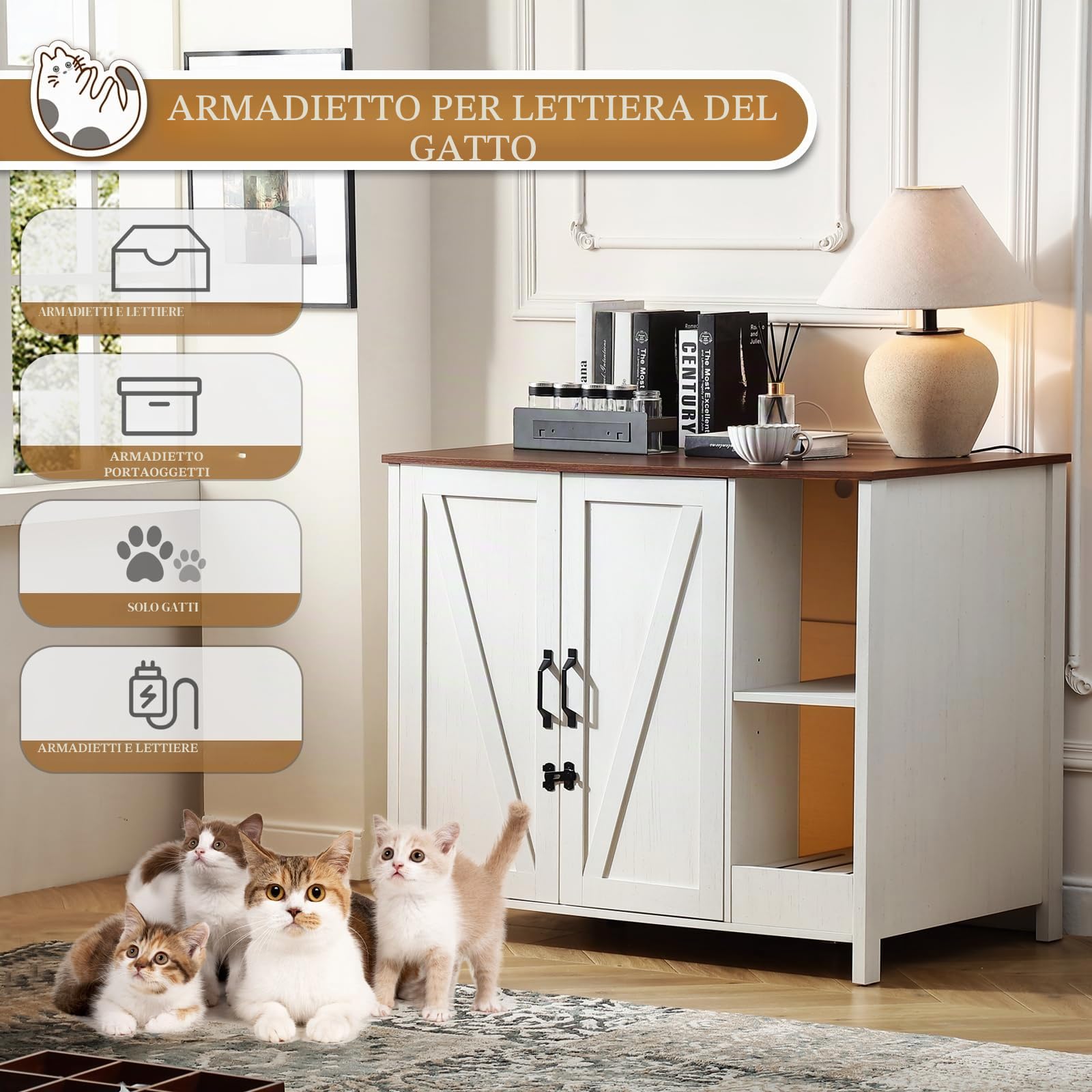 FOREST GRAVITY Cat Cabinet Litter Box Furniture Mobiletto per gatti lettiere Grande lettiera per gatti Arredamento moderno 105 * 68 * 89 cm Casa con porta e divisorio separato Bianco