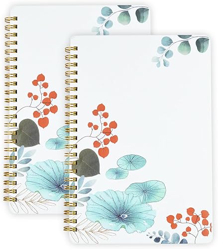 Mlife Paquete de 2 cuadernos en espiral para mujer, cuaderno robusto de tapa dura de 8.5 x 6 pulgadas con bolsillos, 160 páginas forradas, papel