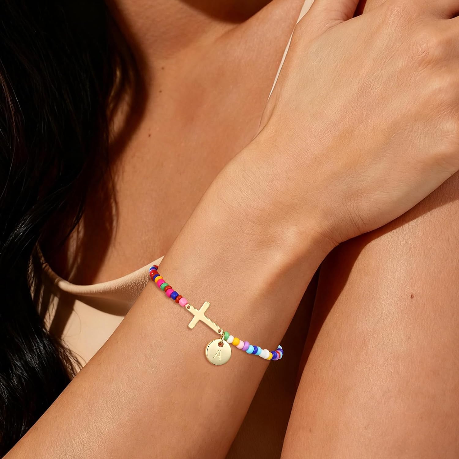 Cross Initial A-Z Bracelets for Girls Kids Women, Colorful Beaded Letter Disc Pendant Bracelet Easter Birthday Christian Religious Jewelry Gifts for Her - Image 5