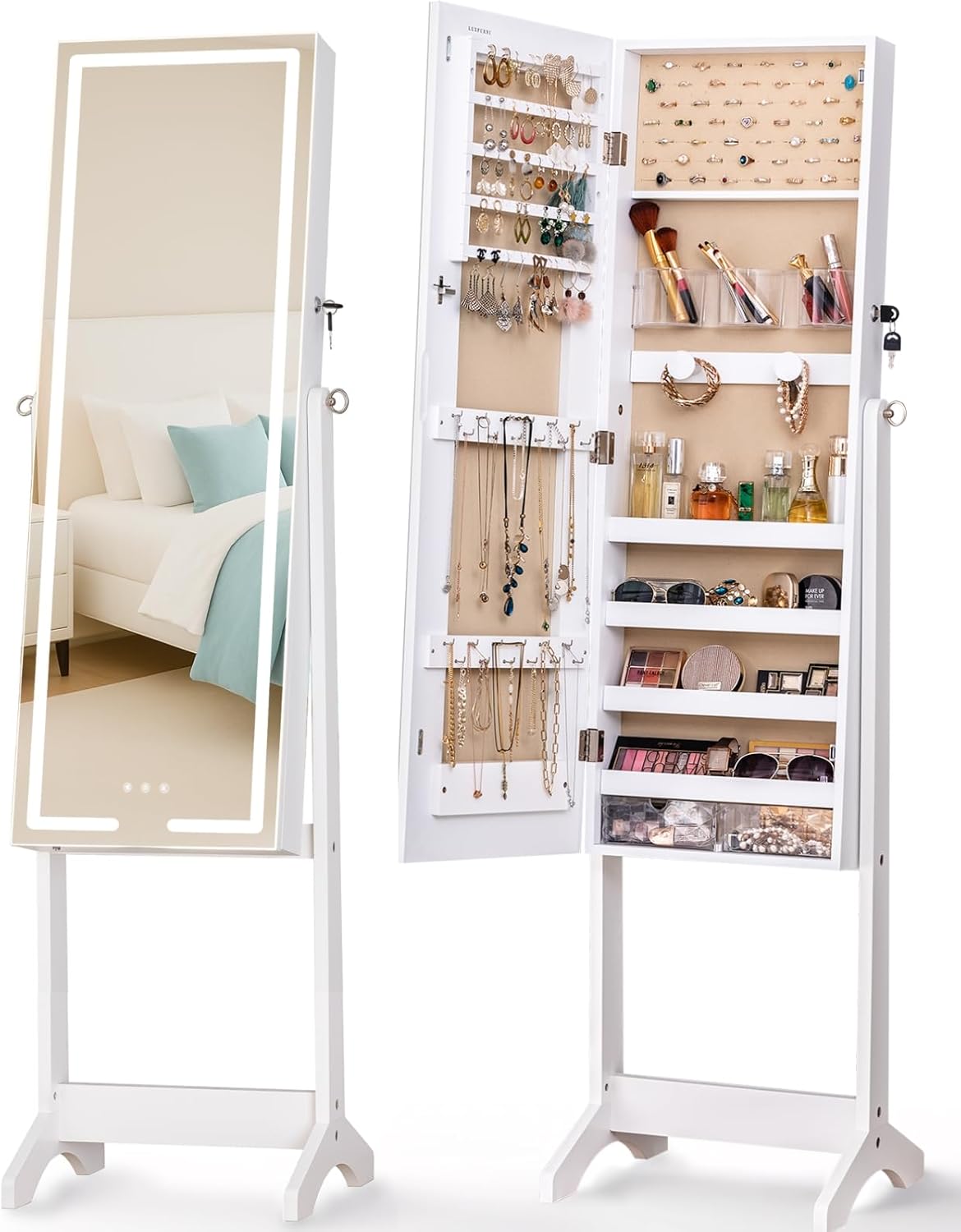 LUXFURNI LED Mirror Jewelry Cabinet Standing Jewelry Armoire, 60" Full Length Mirror with Jewelry Storage, 3 Color Modes, 3 Adjustable Angles, Lockable Jewelry Organizer Mirror, White