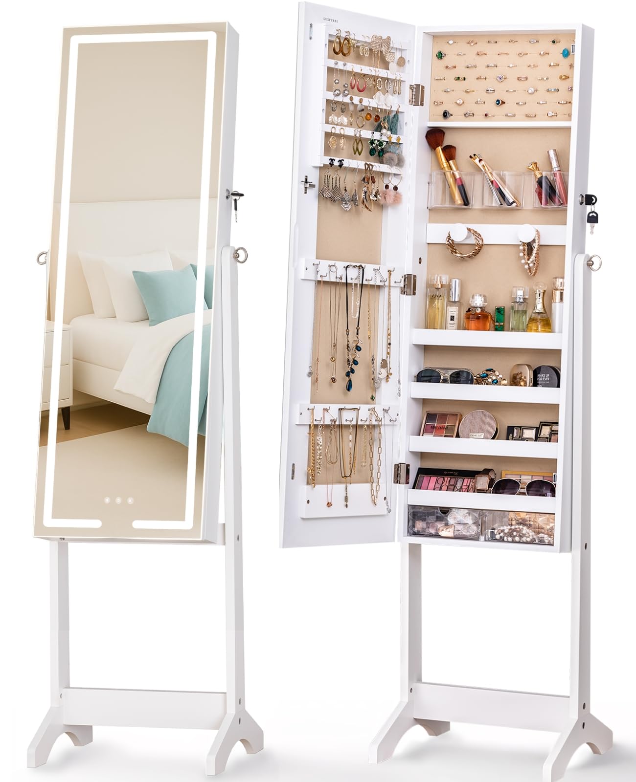 LUXFURNI LED Mirror Jewellery Cabinet Standing Jewellery Armoire, 60" H Full Length Mirror with Storage, 3 Color Modes, 3 Adjustable Angles, Lockable with Keys, White