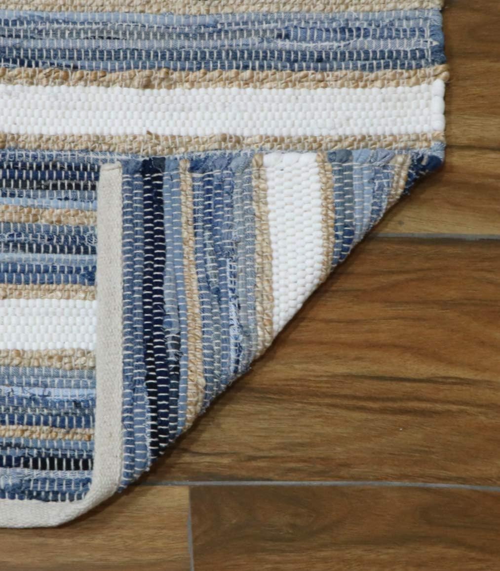 The Home Talk Contemporary Bohemian Indoor Jute-Denim Rag Area Rug Hand Washable Handmade from Recycled Fabrics- Unique for Bedroom Living Room Kitchen Nursery (2'x5', Denim Rag)