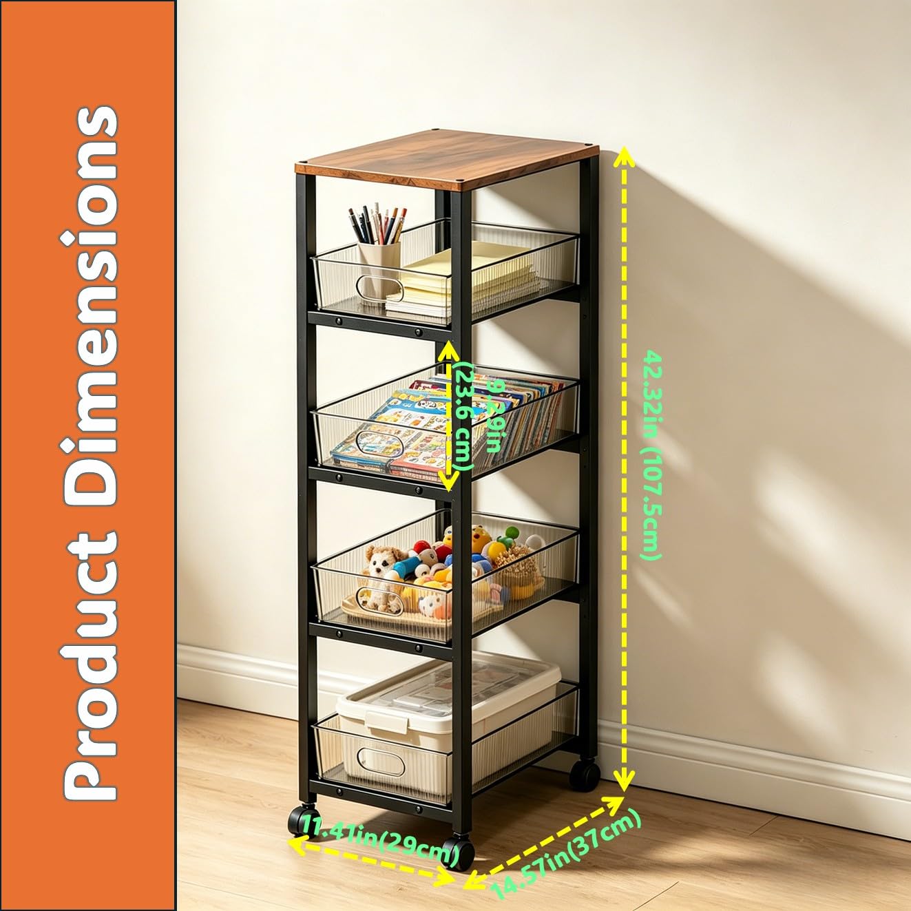 Organiseur de rangement en métal à 5 niveaux avec roulettes et dessus en bois, 4 tiroirs coulissants en verre acrylique, chariot utilitaire mobile pour cuisine, salle de bain, salon, bureau