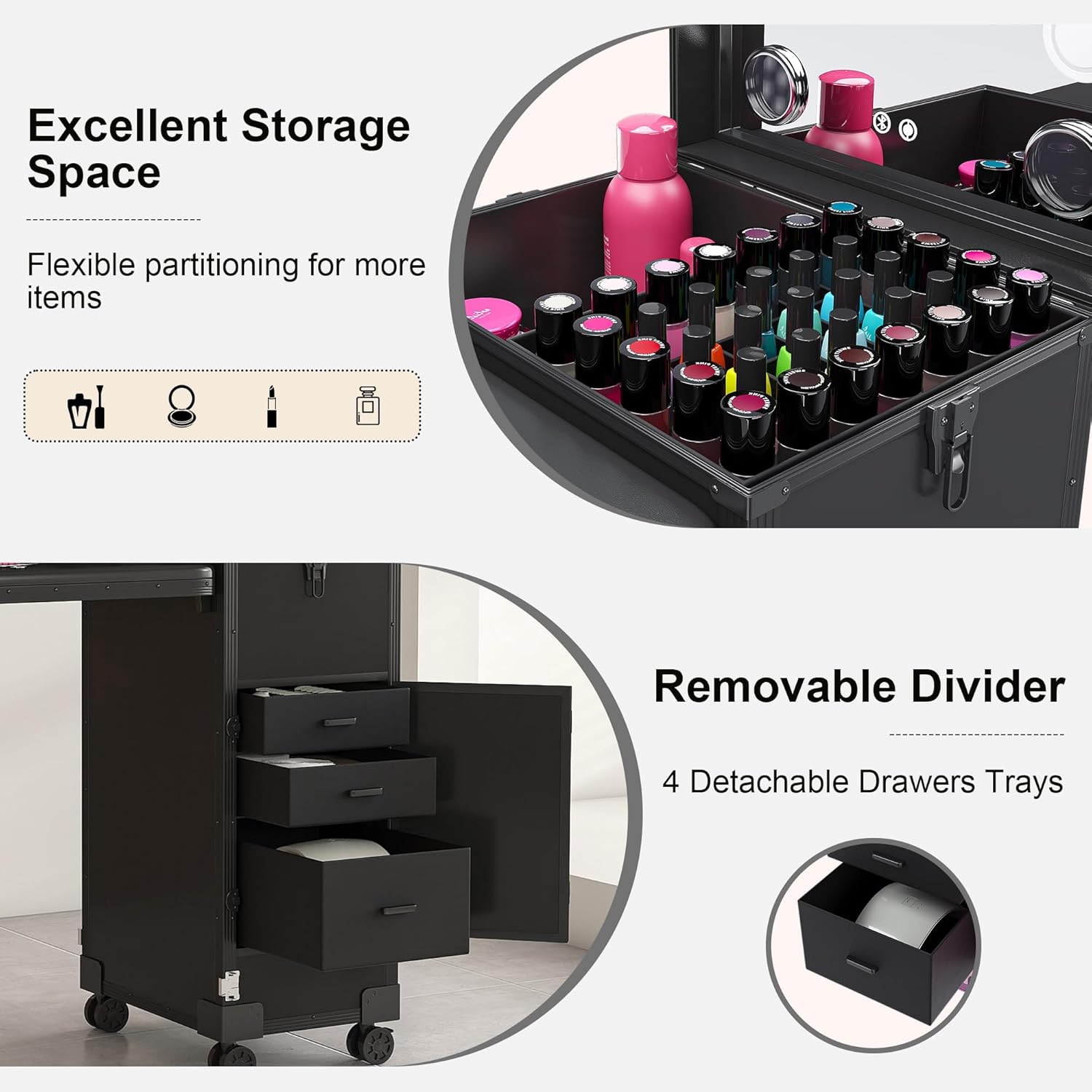 Professional Rolling Travel Portable Nail Art Table with LED Mirror, 3 Lockable Drawers, with Wheels Handle for Mobile Nail Techs & Salon Use,Telescopic Pole Foldable Manicure Station,Black