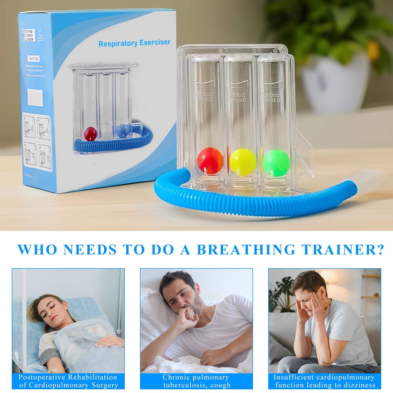 Appareil Exercice Respiratoire, Exerciseur Respiratoire Pulmonaire Profond, Spiromètre Incitatif, Inspiromètre Exercice Pulmonaire avec 3 Boules pour les Exercices de Respiration Thérapie (600~1200CC)