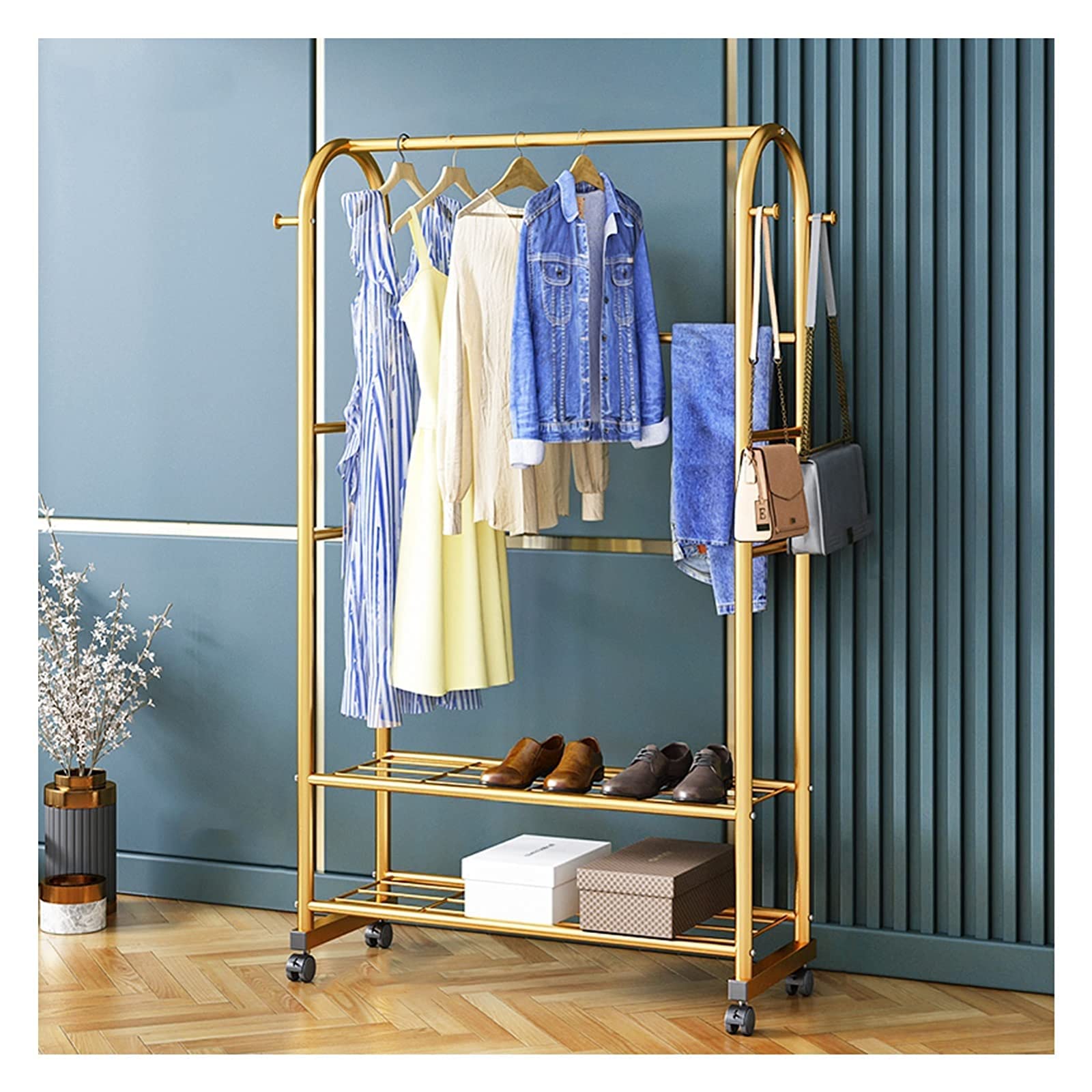YNBSHGAA Metal Clothes Rail Rack with Wheels for Bedroom and Livingroom/Gold/100cm Heavy Duty Garment Dress Coats Jackets Drying Rack,Gold-60cm