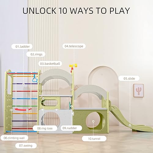 Miniatura 7 de UNICOO Zona de juegos interior 10 en 1, juego de gimnasio de la selva con tobogán, pared de escalada, escalera, columpio, baloncesto, anillos