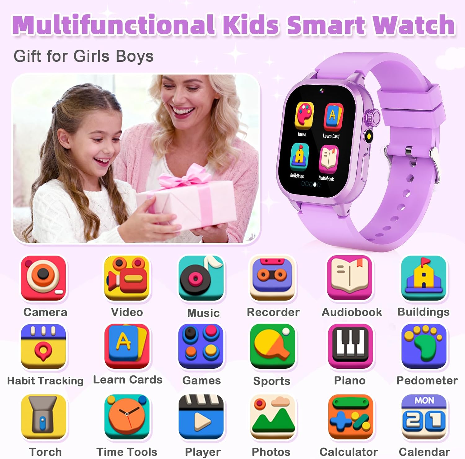 Smart Watch for Kids Girls Gifts for Aged 4-12, 40 Games HD TouchScreen Kids Watch with Video Camera Music Pedometer Audiostory Learn Card 2 Extra Bands Birthday Gift for 6 7 8 9 Year Olds（Purple）