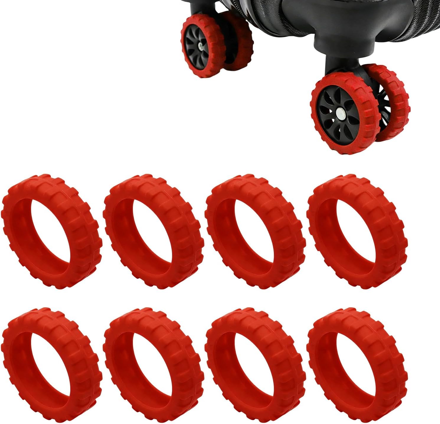 8 Pack Silicone Suitcase Wheel Protectors, Off Road Luggage Wheel Covers, Noise Reduction Anti Scratch Luggage Accessories for Most Suitcase Trolley Wheels (Red)