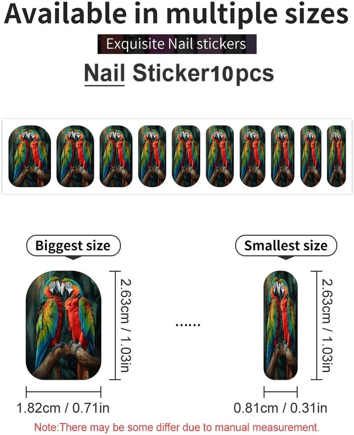 Two Colored ParrotsSummer Nail Stickers Nail Strips | Nail Art Stickers of 10 sets with decorate fingernails,toenails,artificial nails Full Cover Easy On-Off Non-Damaging