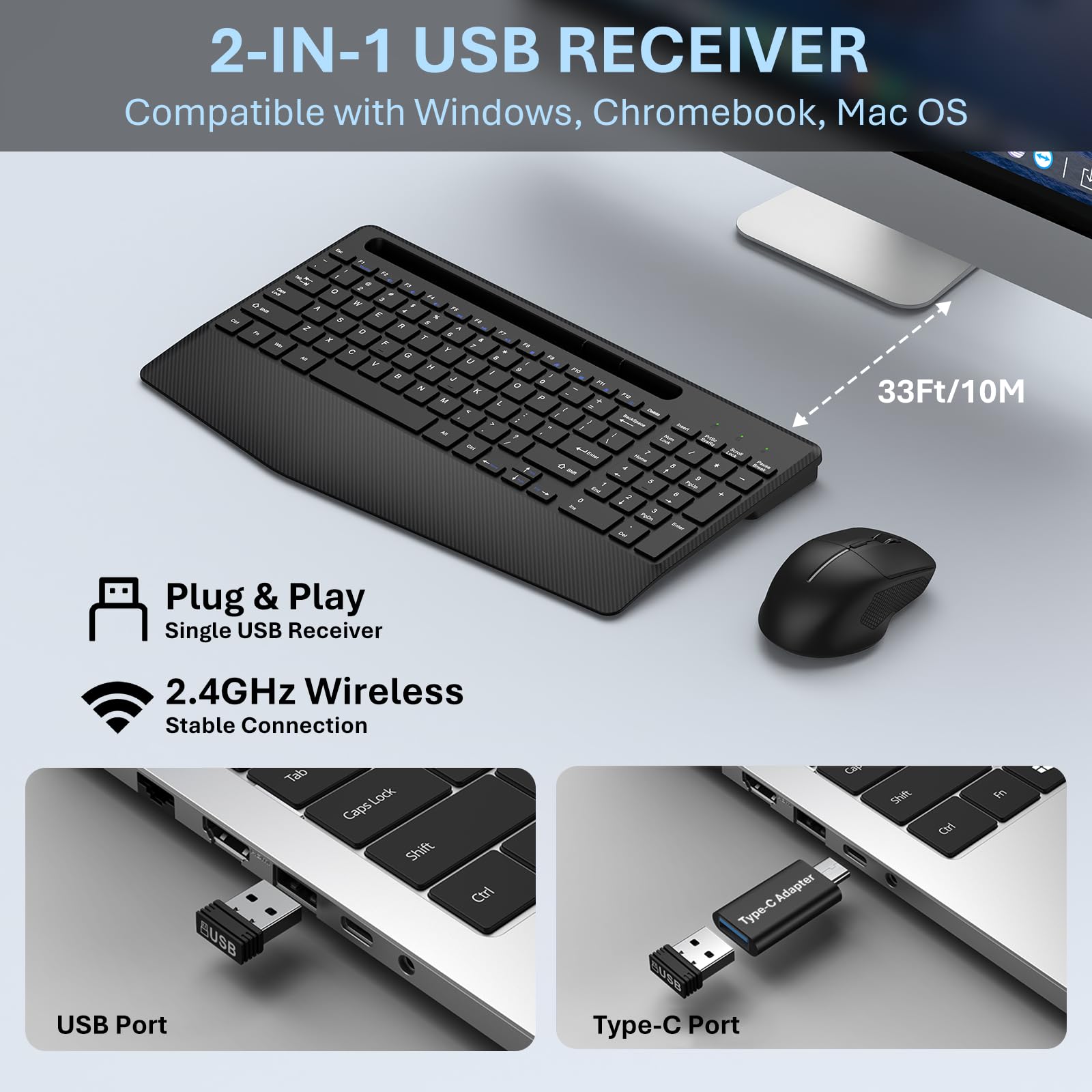 Cicha bezprzewodowa kombinacja klawiatury i myszy, ergonomiczna podpórka pod nadgarstek i uchwyt na tablet na telefon, adapter USB-C w zestawie, zestaw bezprzewodowy 2,4 G bez opóźnień do systemu