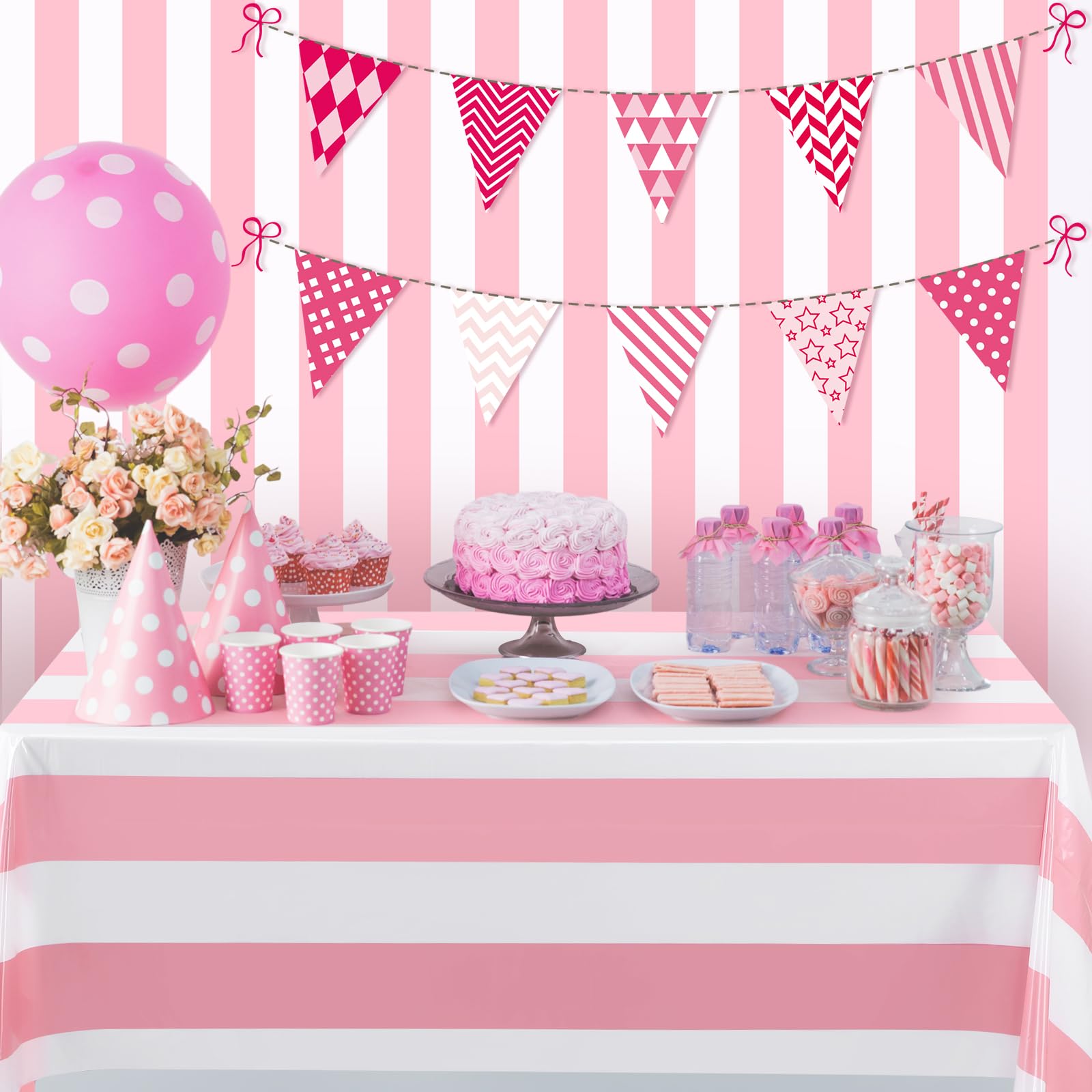 Ctosree 199,9 cm x 30,5 m rosa und weiß gestreifte Tischdeckenrolle aus Kunststoff für Geburtstag, Babyparty, Geburtstag, Party, Dekoration (Rosa und Weiß, gestreift)