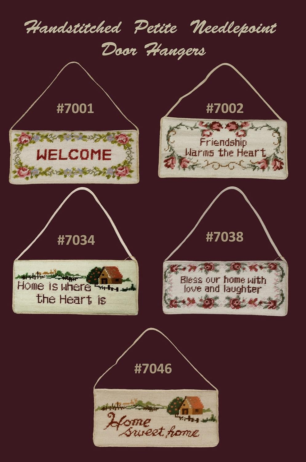 Handmade Wool Needlepoint WELCOME Door Hanger Sign by Creative Linens #7001 - 8x4 Inch Decorative Velvet Backed Plaque