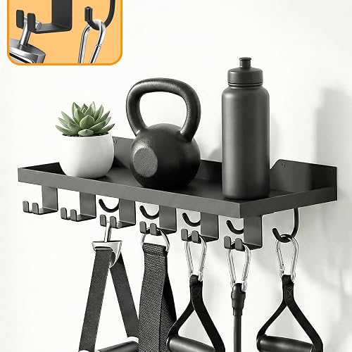 SSNEWOG Floating Shelf for Tonal Accessories, 16.9 Inch Wall Mount Gym Storage Rack with 11 Hooks, 30lb Capacity, Black SSNEWOG Floating Shelf for Tonal Accessories, 16.9 Inch Wall Mount Gym Storage Rack with 11 Hooks, 30lb Capacity, Black