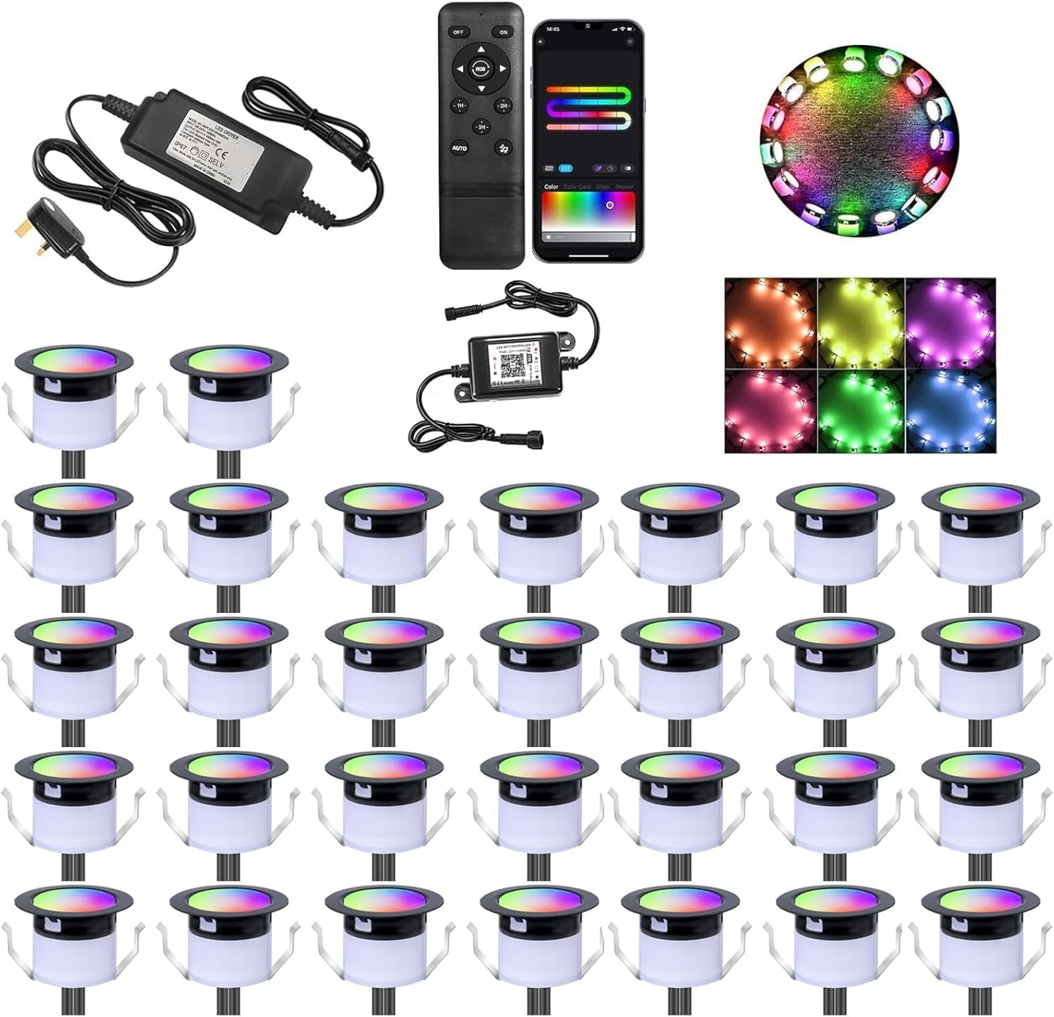 GEYUEYA Home LED Decking Lights WiFi Deck Light RGBW+IC Waterproof IP67 Music Sync Ø31MM 12V Decking Patio Lighting Plinth Lights for Patio/Terrace/Decoration - 30 Pack