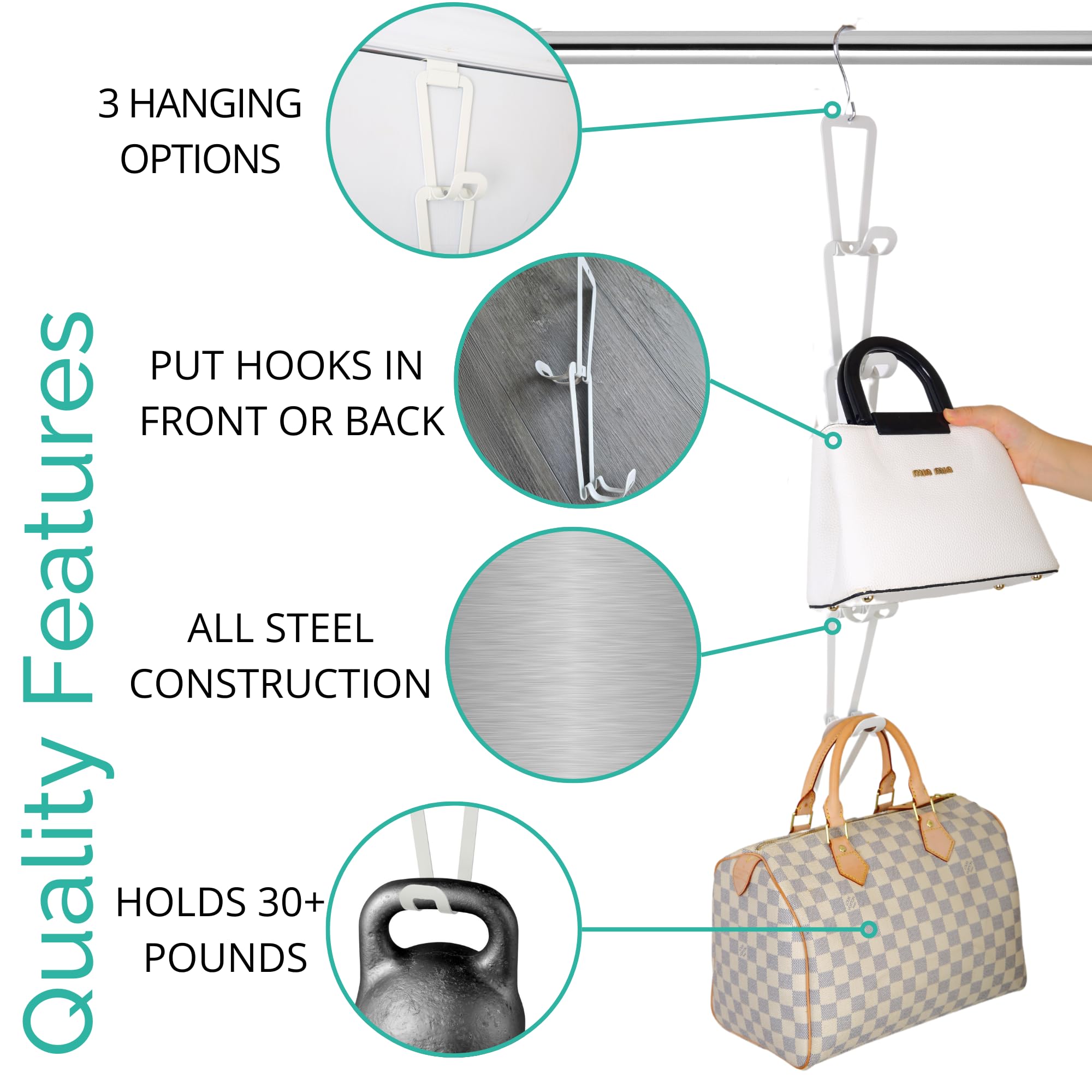 Organizador de bolso elegante y funcional para pared, organizador de bolsos sobre la puerta, estante versátil para colgar en la pared, ideal para uso doméstico u oficina, accesorios adicionales para 5