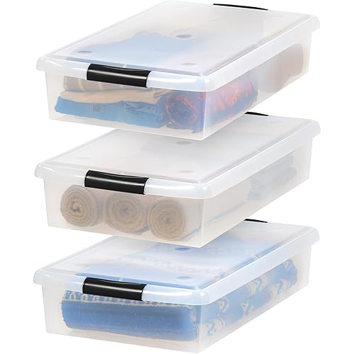 IRIS USA 40 Quart Under Bed Plastic Storage Container with Lids and Durable Buckles, 3-Pack, Multi-Purpose for Clothes Shoes Duvets Bedding, Clear