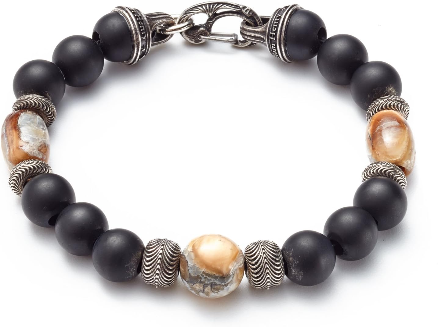 William Henry Men's 8.5 Inch Silver and Black Onyx Beaded Bracelet