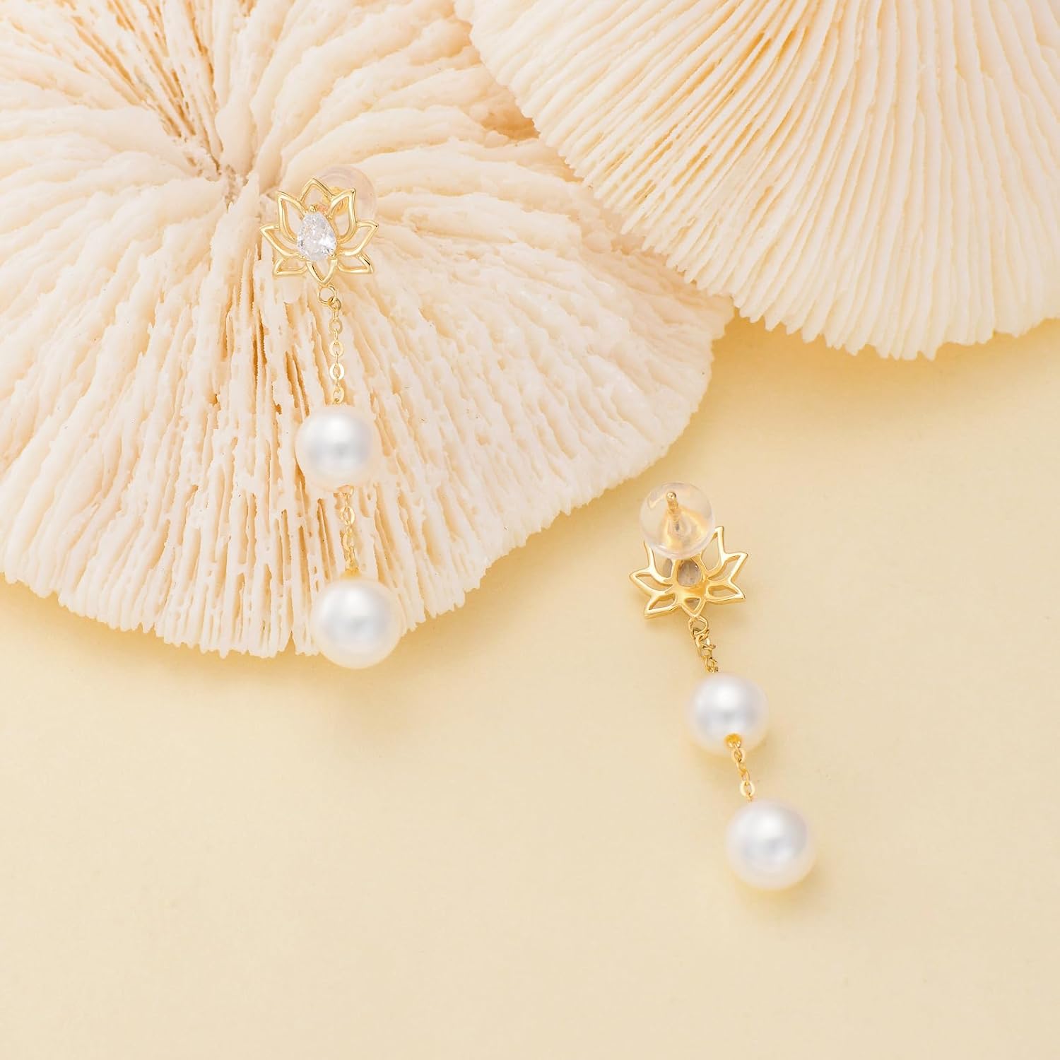 Real 14k Gold Freshwater Cultured Pearl Lotus Dangle Earrings for Women, 14kt Gold Earrings Gifts for Her