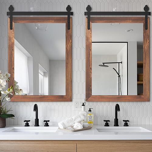 Miniatura 3 de YOSHOOT Espejo de puerta de granero de granja, 48 x 30 pulgadas, espejo de pared con marco de madera rústica, espejo vintage montado en la pared,